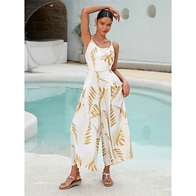 Satin Gold Leaf Print Swing Neck Jumpsuit