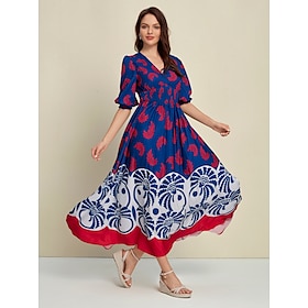 Satin Swing Floral Smocked 3/4 Length Sleeve V Neck Maxi Dress