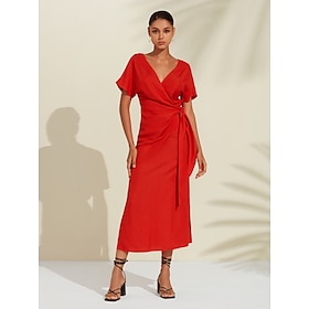 Women's Tencel Linen Orange Red V Neck Shirred Wrap Midi Dress