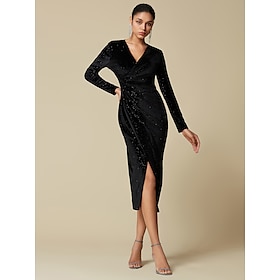 Black Velvet Party/Wedding Guest Ruched Split V Neck Long Sleeve Midi Dress dress to impress 2024