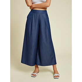 Rayon Dark Blue Pocket Wide Leg Pants