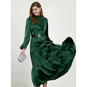 Green Elegant Party/Wedding Guest Ruffle Belted Tied Neck Long Sleeve Maxi Dress dress to impress Christmas Dress 2024